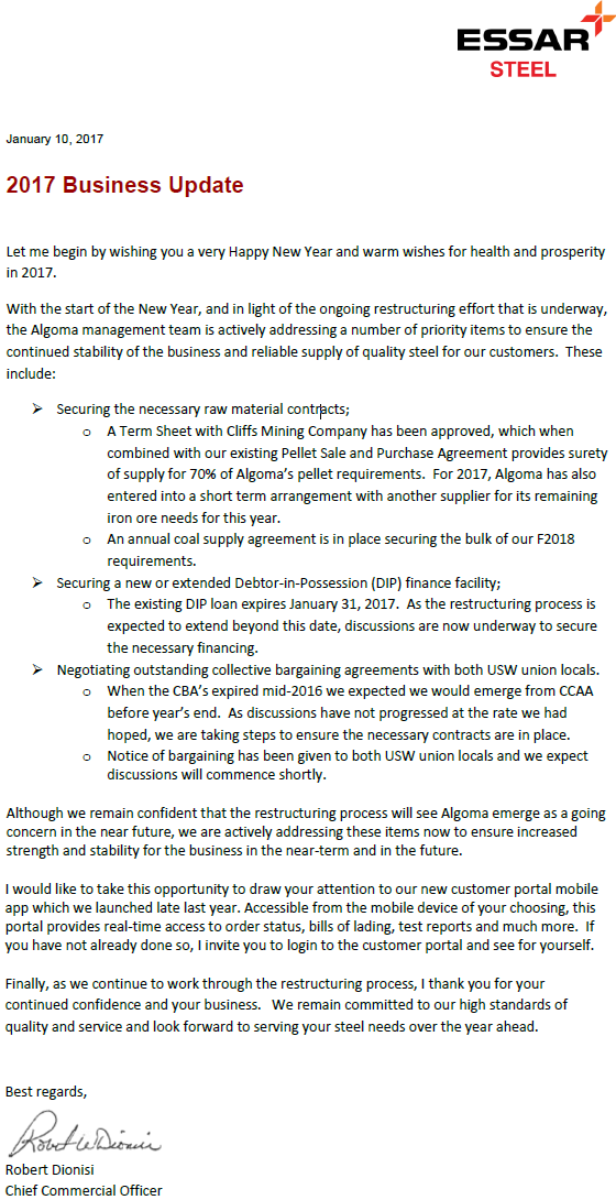 Essar Algoma Update Letter